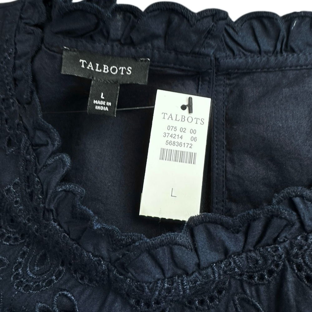 Talbots Navy Blue 3/4-Sleeve Ruffle Eyelet Top Large NWT - Picture 7 of 9
